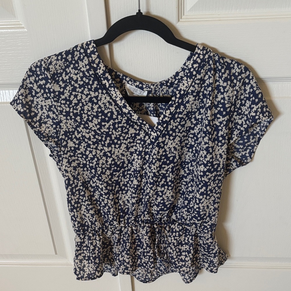 Floral Print Women's Top - Navy and White